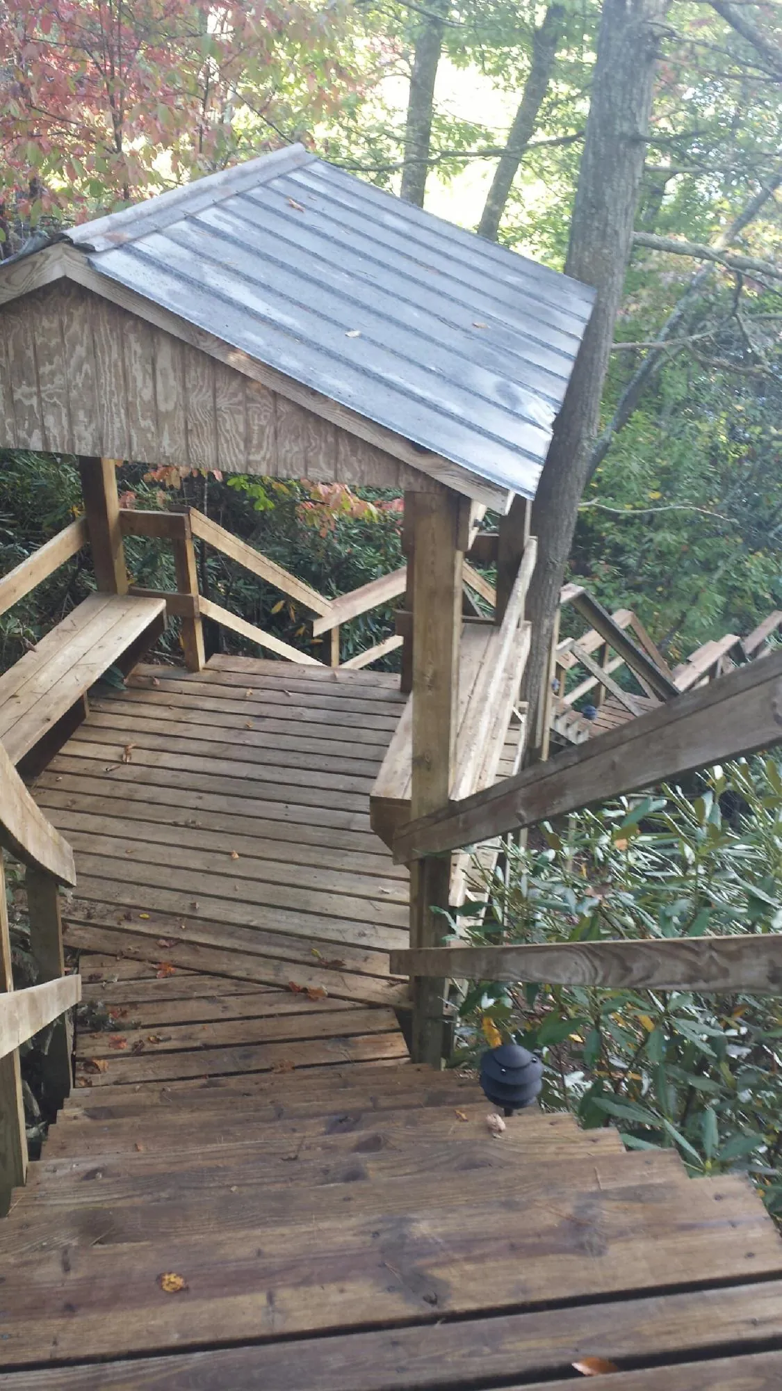 Metal roofed shelter over wooden steps on a wooded walkway — Skylight Repair & Installation work by our crew in Dinwiddie